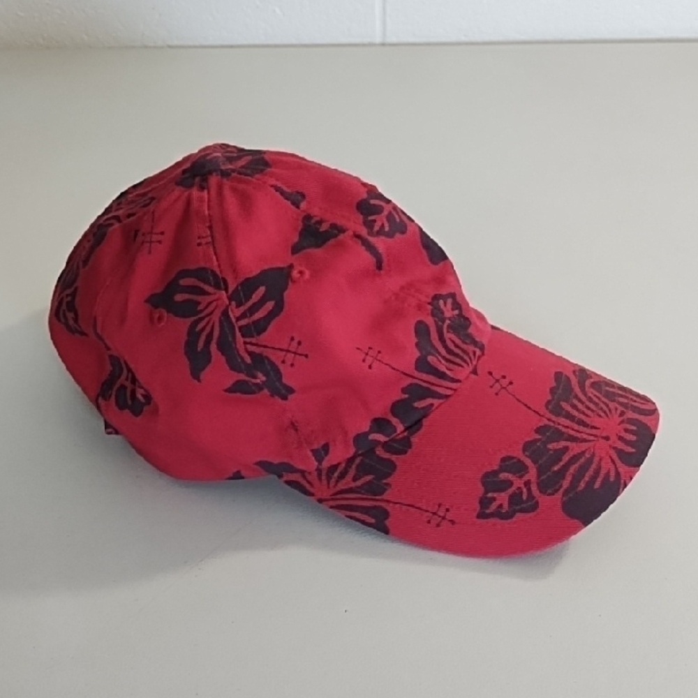 Red & Navy Tropical Print Hat with Curved Brim Cotton Adjustable